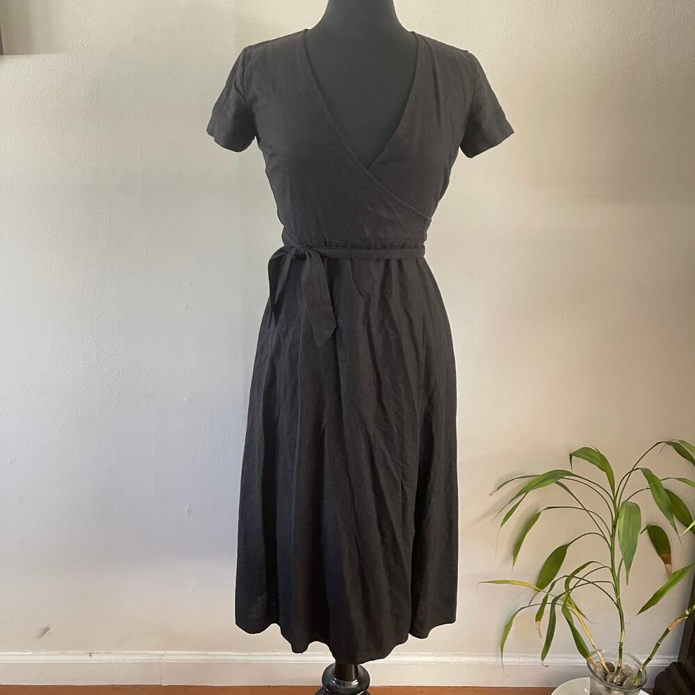 Babaton Dern Linen Wrap Dress Womens XS Black Midi Short Sleeve Aritzia SU23 973